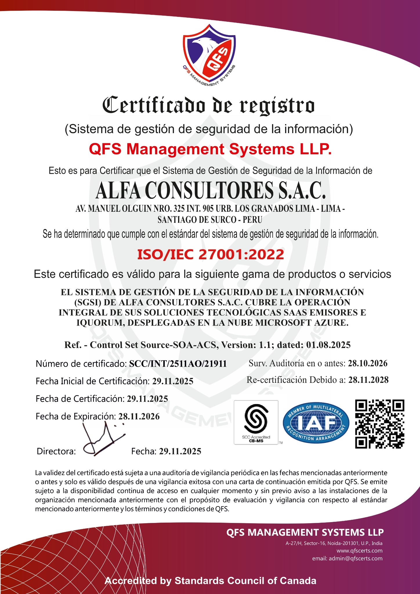 Certificado ISO/IEC 27001:2022 de Alfa Consultores S.A.C.